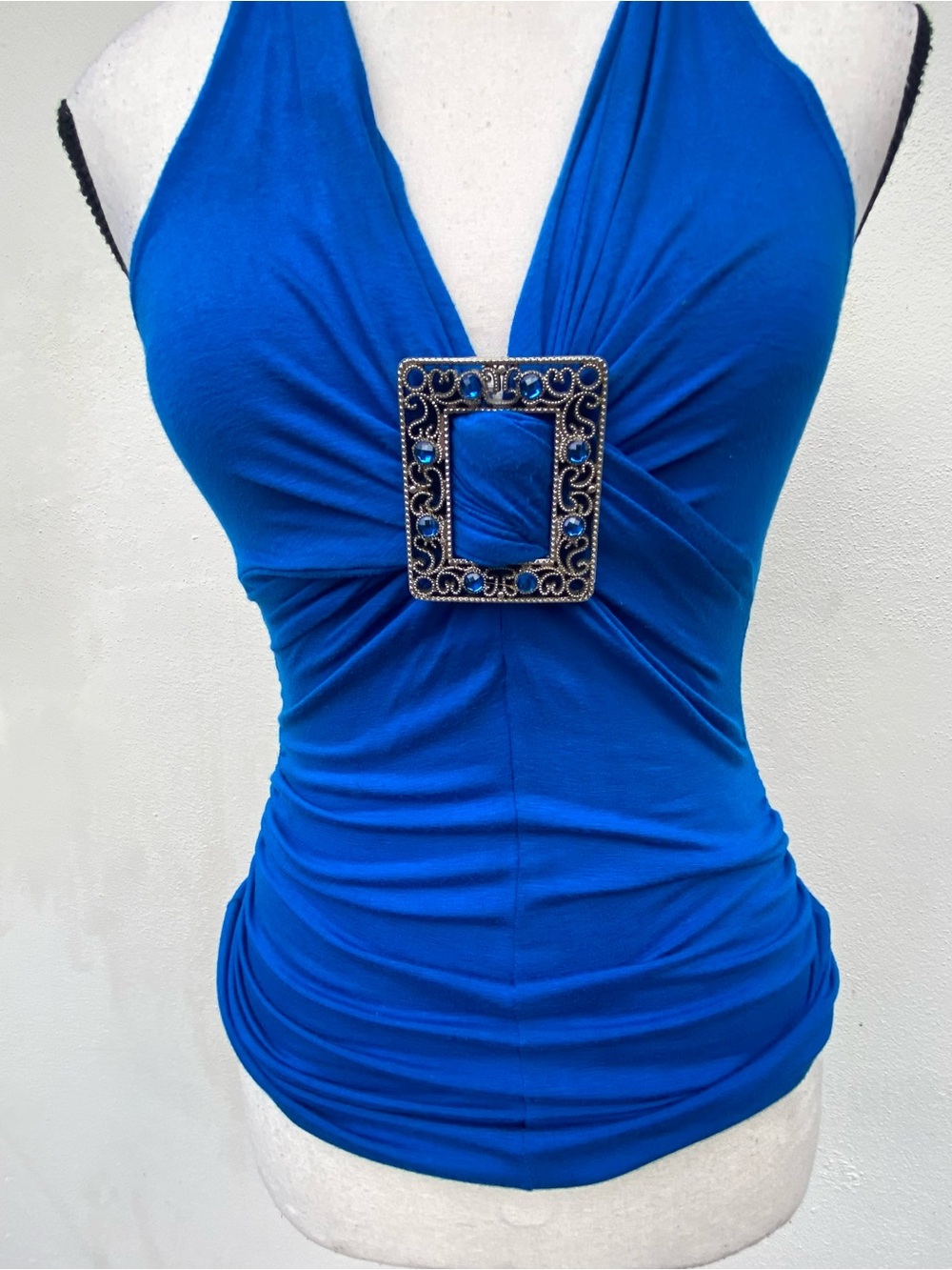 Y2K Blue Rhinestone Buckle Embellished Halter Top Size Small - Picture 4 of 6